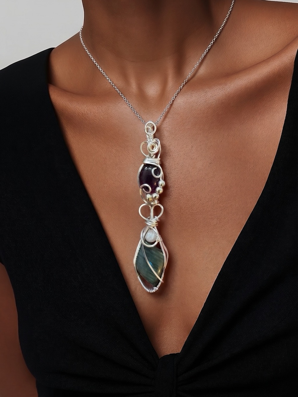 Handcrafted Silver Wire Wrapped Labradorite & Amethyst Gemstone Pendant